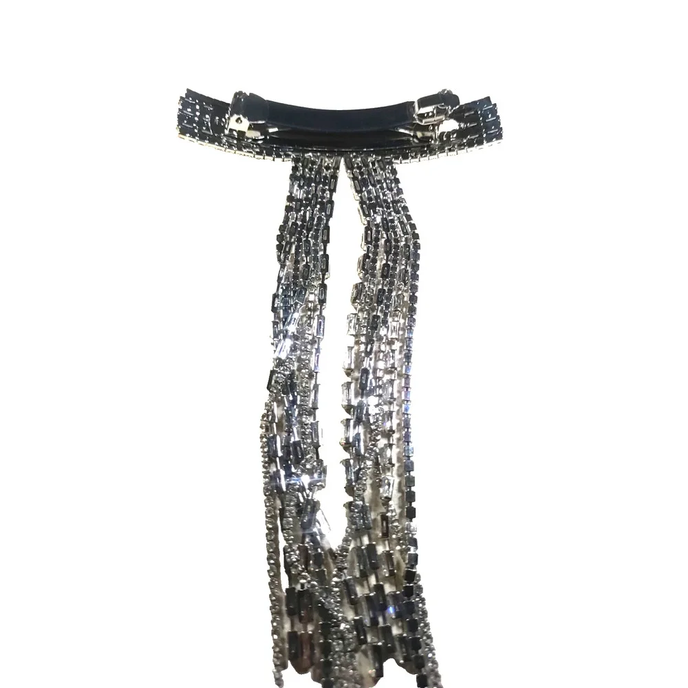 Fancy Hair Barrette Tension Clip Silver Tone Rhinestone Party Prom Cos Play